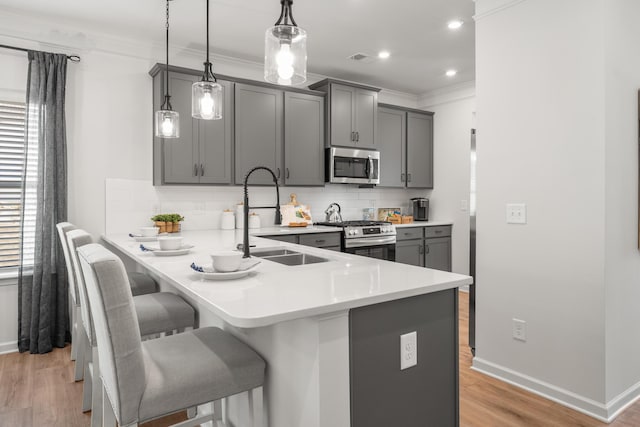 8418 Snowdrop Way, Ooltewah, TN 37363 - kitchen with a sink, gray cabinets, light wood-style flooring, light countertops, and appliances with stainless steel finishes