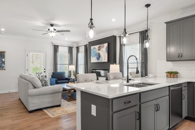 8418 Snowdrop Way, Ooltewah, TN 37363 - kitchen featuring a sink, ornamental molding, gray cabinetry, dishwasher, and open floor plan
