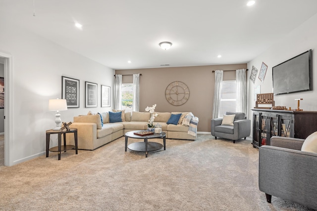 8418 Snowdrop Way, Ooltewah, TN 37363 - carpeted living room featuring recessed lighting, visible vents, and baseboards