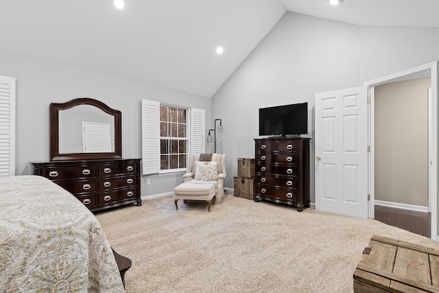 bedroom with baseboards, high vaulted ceiling, carpet flooring, and recessed lighting