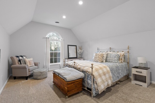 bedroom featuring recessed lighting, vaulted ceiling, carpet floors, and baseboards