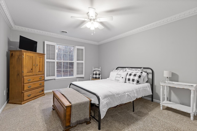 bedroom with baseboards, visible vents, ornamental molding, and light colored carpet