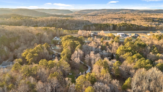 bird's eye view featuring a wooded view