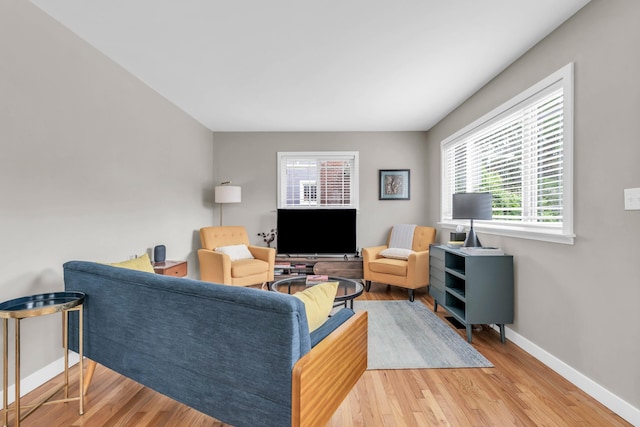 living area featuring wood finished floors, plenty of natural light, and baseboards