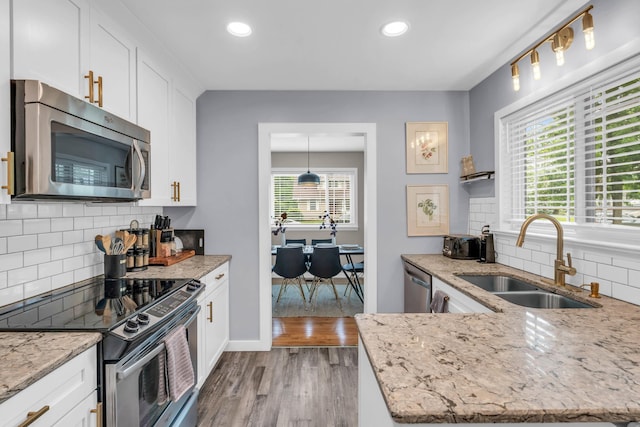 kitchen featuring a sink, stainless steel appliances, decorative backsplash, white cabinetry, and wood finished floors