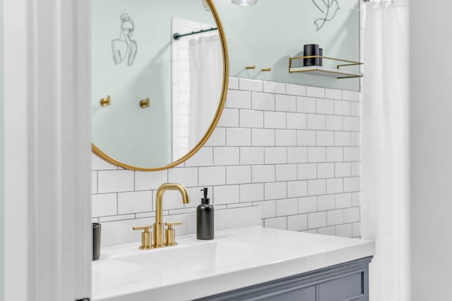 full bath with curtained shower, vanity, backsplash, and tile walls