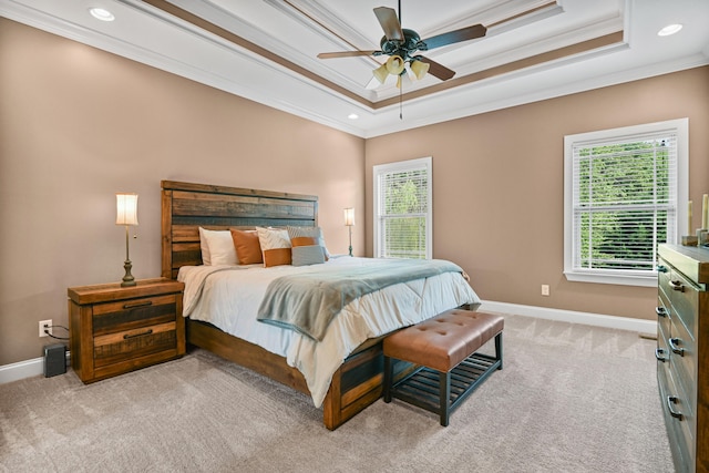 89 Kailors Cove Cir, Ringgold, GA 30736 - bedroom featuring crown molding, multiple windows, a tray ceiling, baseboards, and light carpet