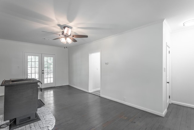 504 1st St, Lafayette, GA 30728 - unfurnished living room with crown molding, a ceiling fan, french doors, dark wood-style flooring, and baseboards