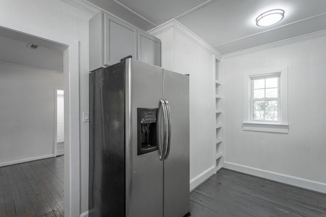 504 1st St, Lafayette, GA 30728 - kitchen featuring stainless steel fridge with ice dispenser, crown molding, dark wood-style floors, and baseboards