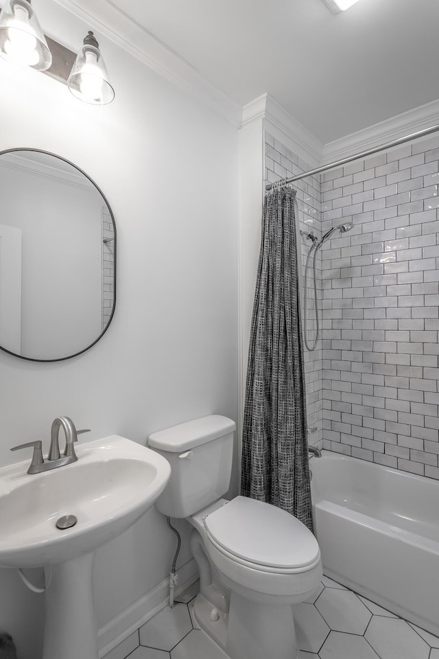504 1st St, Lafayette, GA 30728 - bathroom featuring tile patterned flooring, ornamental molding, toilet, shower / bath combination with curtain, and a sink