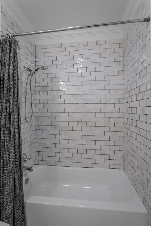 504 1st St, Lafayette, GA 30728 - full bathroom with ornamental molding and shower / bath combo with shower curtain