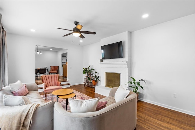 3818 Granada Dr, Chattanooga, TN 37411 - living room featuring wood finished floors, ceiling fan, recessed lighting, baseboards, and a fireplace