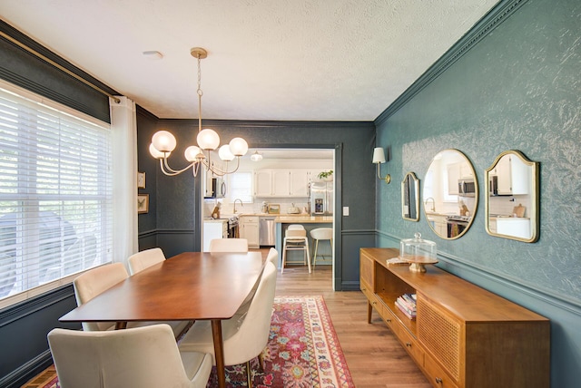 204 Stonecrest Cir, Ringgold, GA 30736 - dining area featuring light wood finished floors, a chandelier, ornamental molding, and a textured ceiling