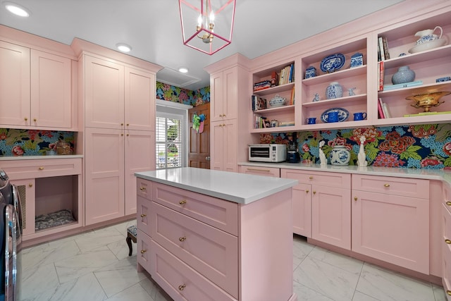 kitchen featuring recessed lighting, light countertops, marble finish floor, and open shelves