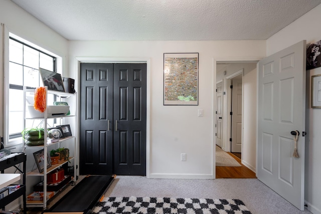 entryway featuring carpet floors, a textured ceiling, and baseboards