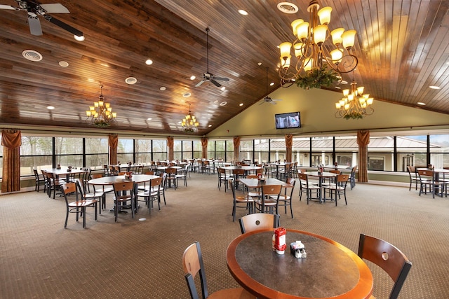9240 Shay Cv, Ooltewah, TN 37363 - carpeted dining room featuring a chandelier, a ceiling fan, high vaulted ceiling, wood ceiling, and plenty of natural light