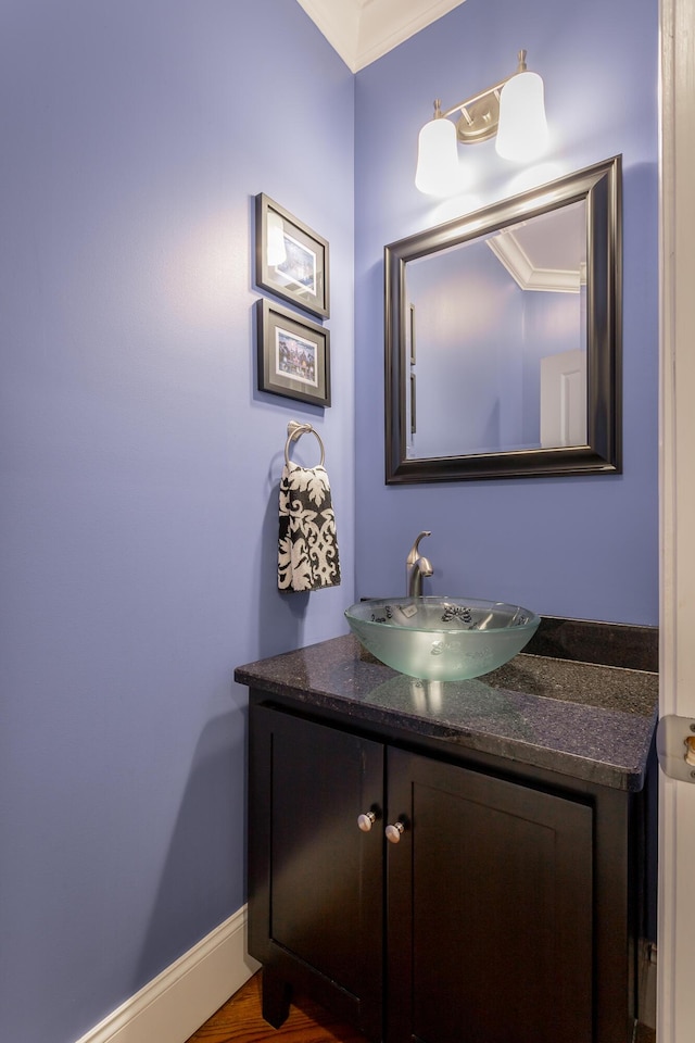 bathroom with crown molding and vanity