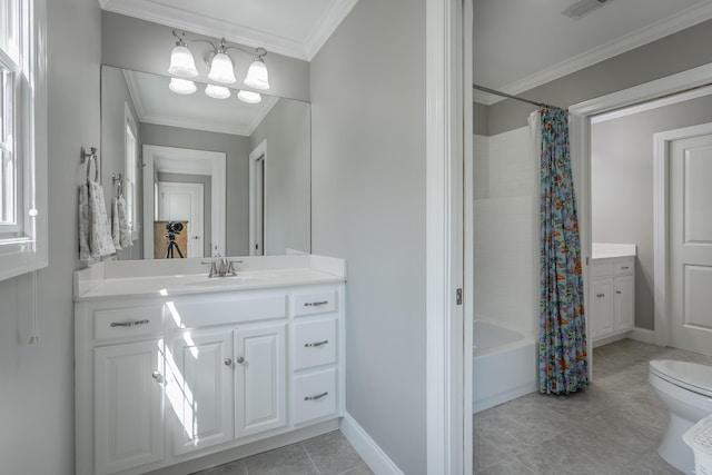 full bathroom with crown molding, tile patterned flooring, shower / tub combo, vanity, and toilet