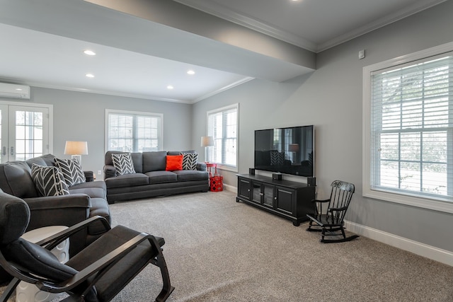 carpeted living room featuring recessed lighting, baseboards, a wall unit AC, and ornamental molding