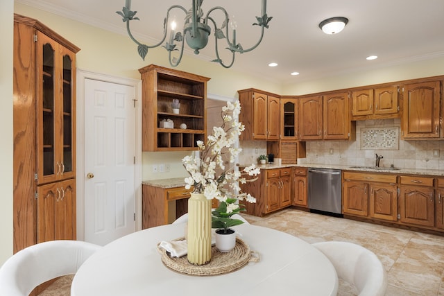 kitchen featuring brown cabinets, a sink, open shelves, backsplash, and dishwasher