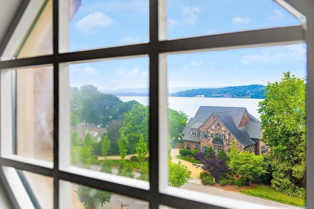 interior details with a water view