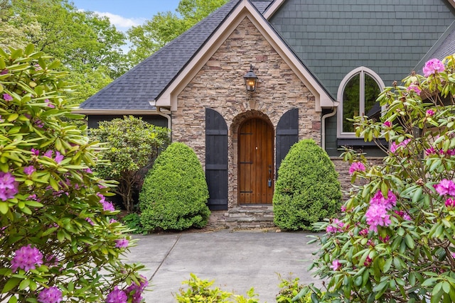 entrance to property with stone siding