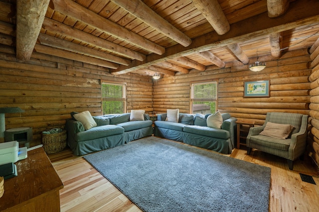 living room with wood ceiling, light wood finished floors, beam ceiling, and rustic walls