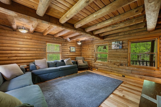 living room with wooden ceiling, log walls, and beam ceiling