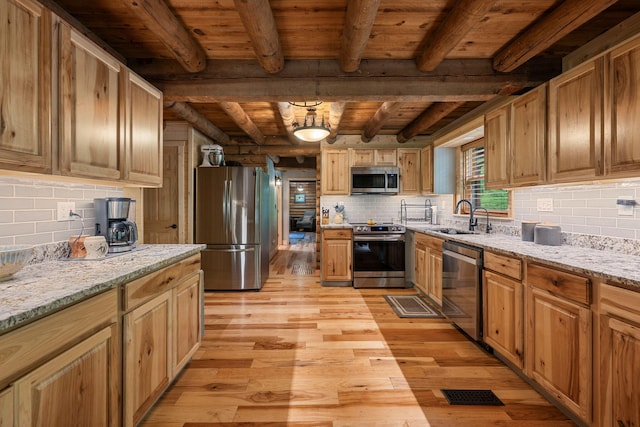 kitchen with backsplash, appliances with stainless steel finishes, light wood-type flooring, a sink, and wooden ceiling