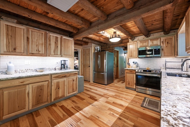kitchen with stainless steel appliances, a sink, wood ceiling, and light wood-type flooring