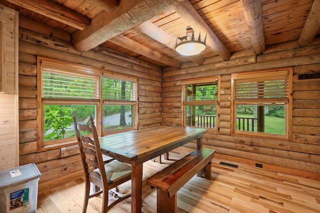 dining room with light wood-type flooring, wood ceiling, and beam ceiling