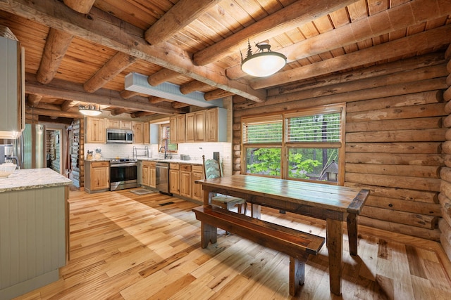 dining space with log walls, wooden ceiling, beam ceiling, and light wood finished floors