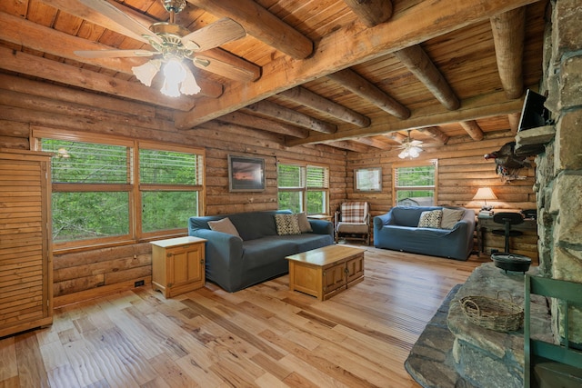 living area with light wood-type flooring, wood ceiling, ceiling fan, and beam ceiling