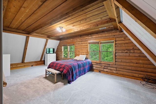 carpeted bedroom with rustic walls, visible vents, and wood ceiling