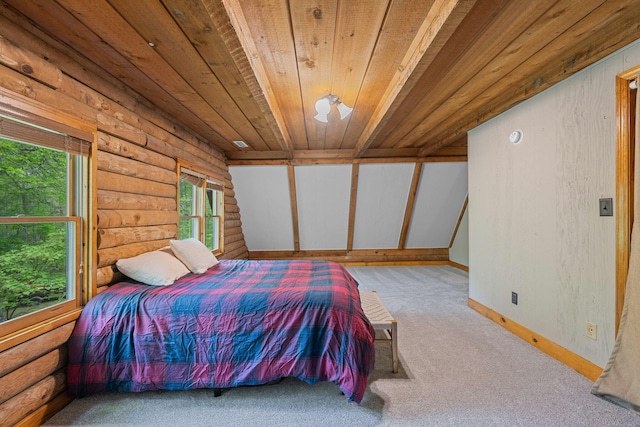 carpeted bedroom with wooden ceiling, log walls, multiple windows, and baseboards