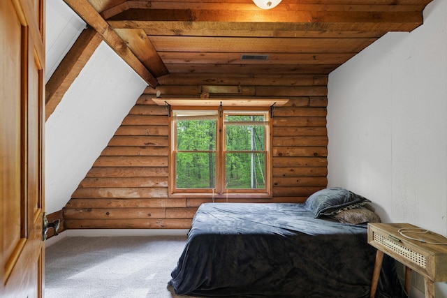 bedroom featuring carpet, log walls, lofted ceiling, and wooden ceiling