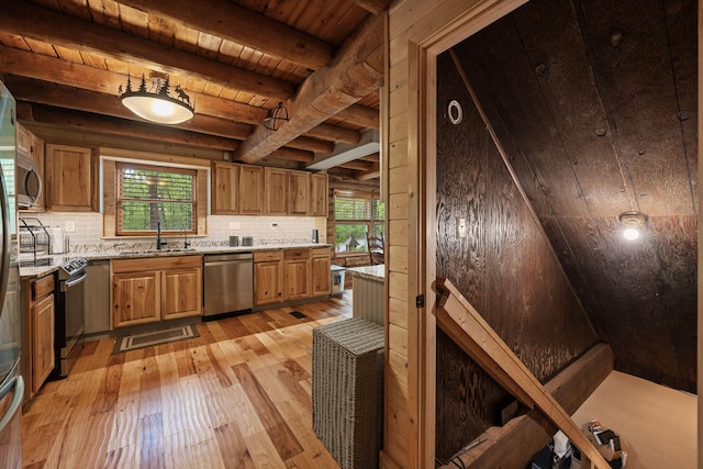 kitchen featuring plenty of natural light, wooden ceiling, a sink, light wood-style flooring, and stainless steel appliances