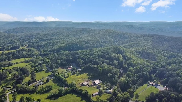 aerial view featuring a mountain view and a wooded view