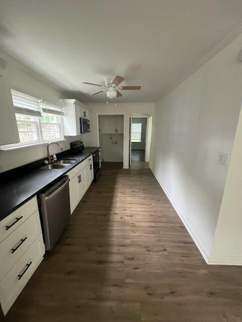 kitchen with plenty of natural light, dark countertops, stainless steel dishwasher, a sink, and dark wood-type flooring