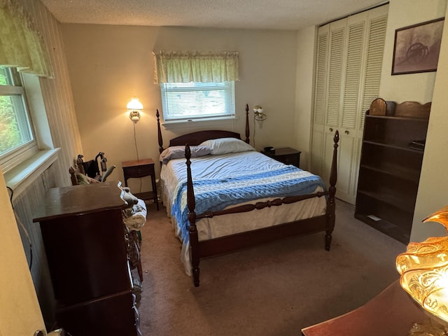 bedroom featuring multiple windows, carpet, a closet, and a textured ceiling