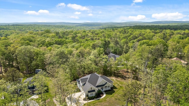 bird's eye view featuring a wooded view