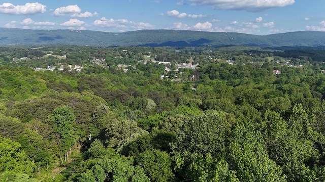 aerial view featuring a mountain view and a forest view