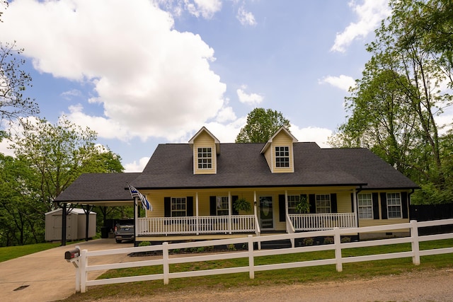 view of front of property with fence private yard, concrete driveway, a porch, a storage shed, and an outbuilding