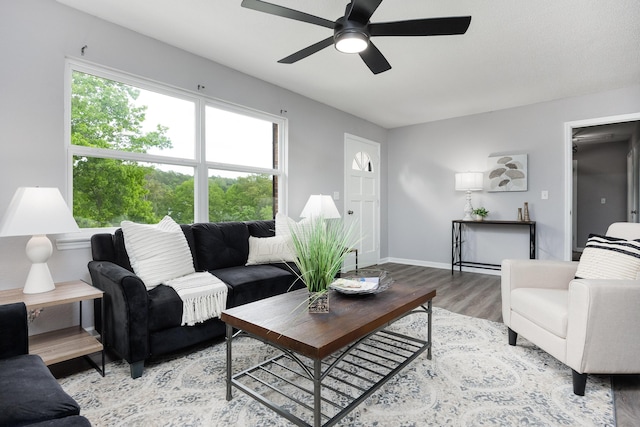 1852 N Prairie Cir, Hixson, TN 37343 - living room featuring wood finished floors, ceiling fan, and baseboards