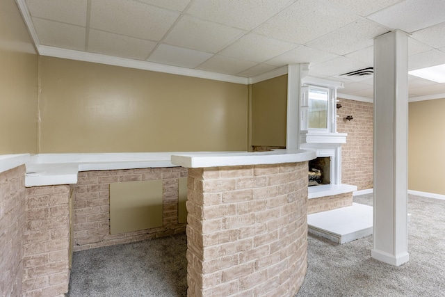 1852 N Prairie Cir, Hixson, TN 37343 - bar area featuring carpet, a drop ceiling, ornamental molding, a large fireplace, and baseboards