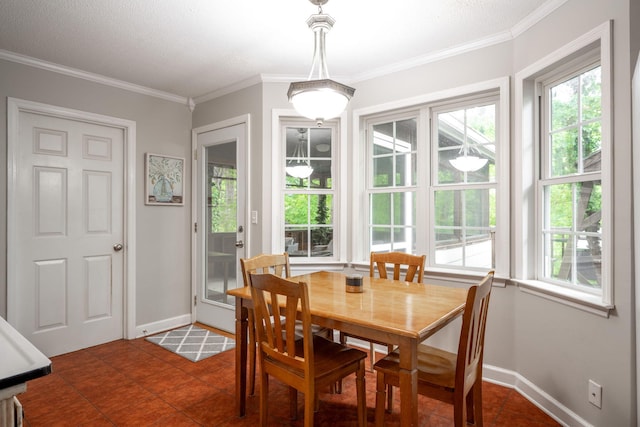 dining area featuring crown molding, dark tile patterned floors, baseboards, and a wealth of natural light