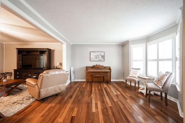 interior space featuring crown molding, a textured ceiling, dark wood-style floors, and baseboards