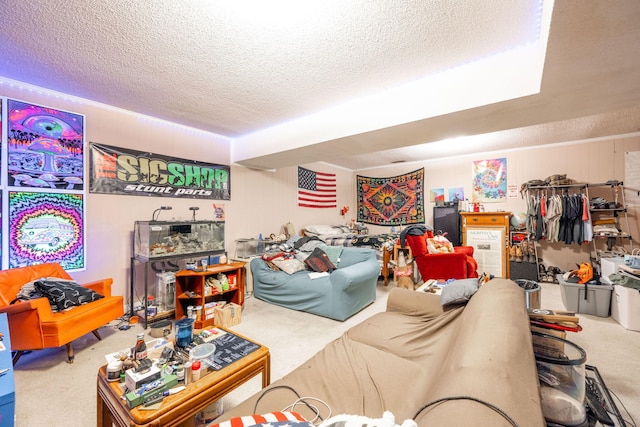 carpeted living area with a textured ceiling