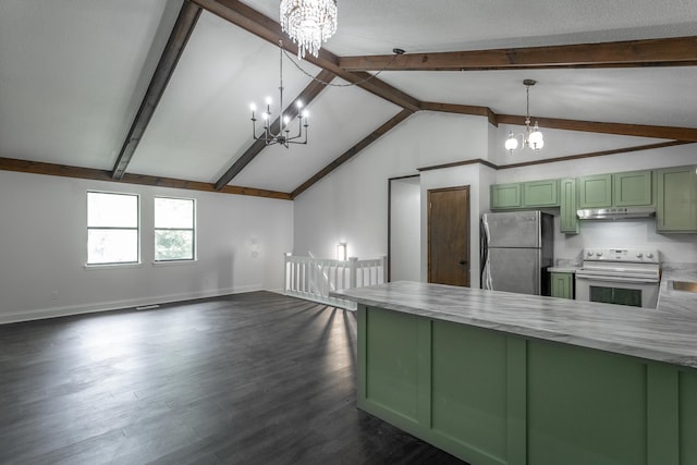 707 Charlee Ln, Hixson, TN 37343 - kitchen featuring freestanding refrigerator, a notable chandelier, under cabinet range hood, green cabinetry, and electric range