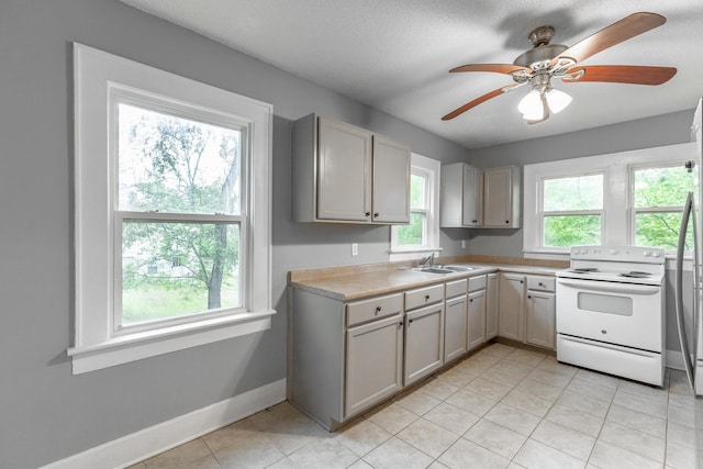 1812 John Ross Rd, Chattanooga, TN 37412 - kitchen featuring white electric range oven, a sink, light countertops, light tile patterned floors, and ceiling fan